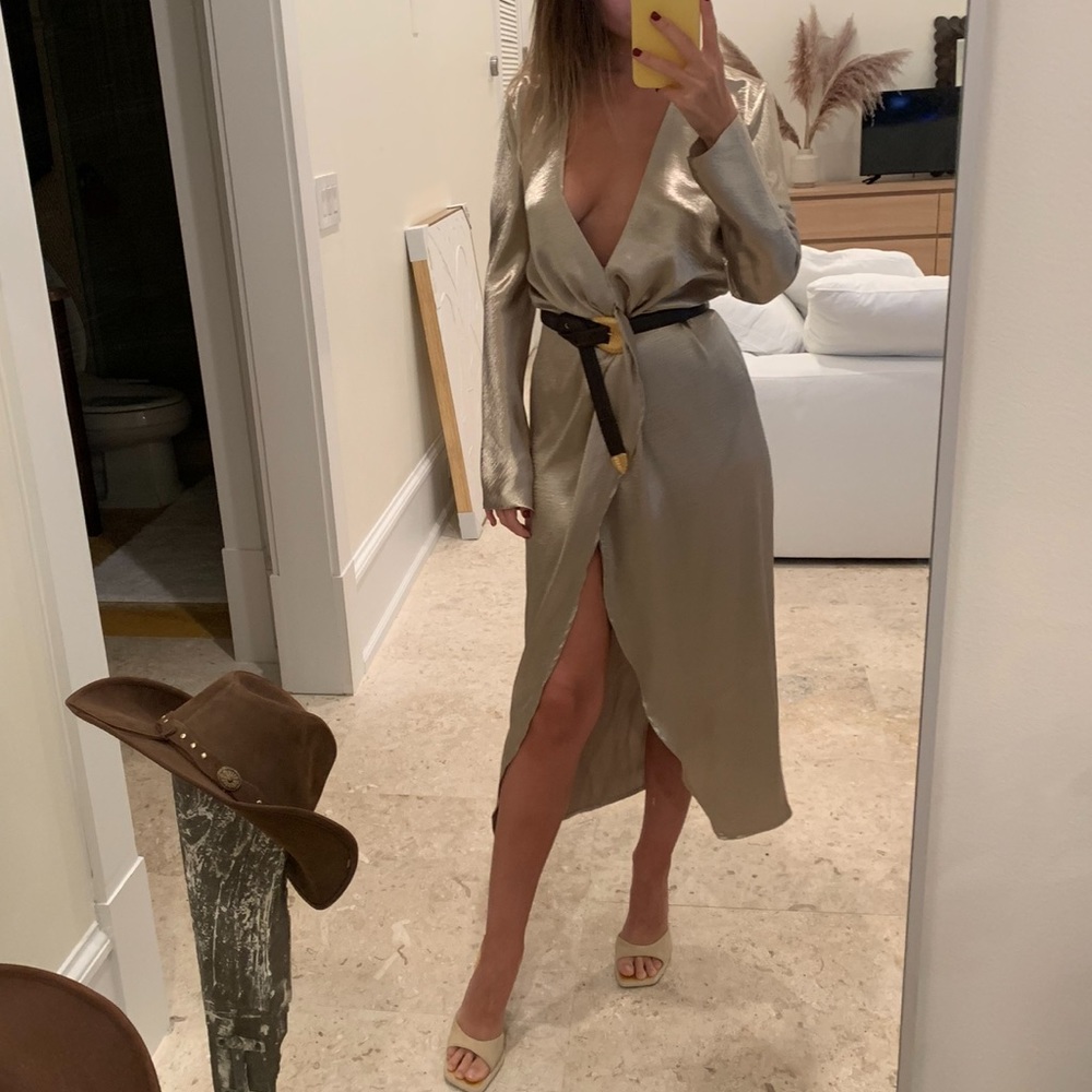 Skylar+Madison golden satin heavy Champagne tan split dress